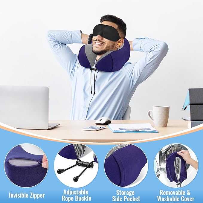 CloudBliss Travel Pillow Premium Memory Foam, Comfortable & Supportive Neck Pillow, Neck Pillows for Sleeping Travel, Airplane Pillow for Sleeping Airplane, Car, Office and Home（Black & Navy）