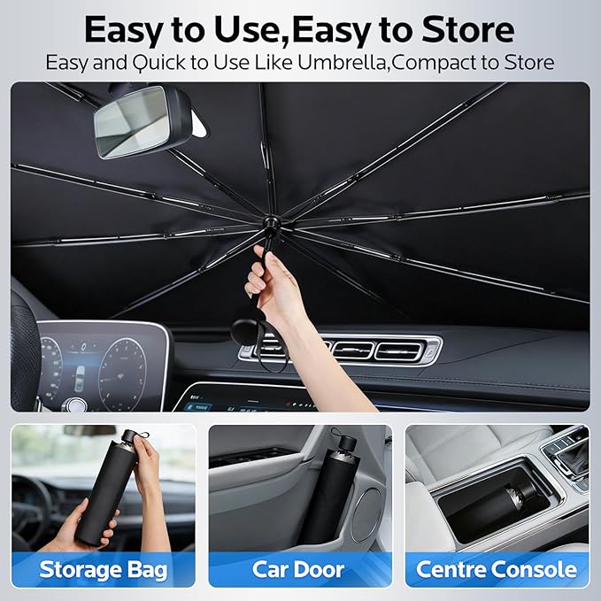 Sun Shade for Car Windshield: Windshield Sun Shade and 10 Skeletons,Protect Car from Sun Rays & Heat Damage Keep Cool and Protect Interior-56 L X 31" W