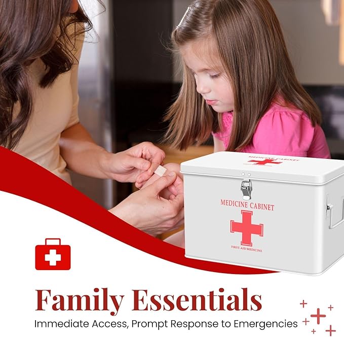 Flexzion First Aid Box Organizer Empty with Lock - 13" White Vintage First Aid Kit Tin Metal Medical Box - First Aid Storage Bin Container with Dividers, Removable Tray and Red Cross Logo