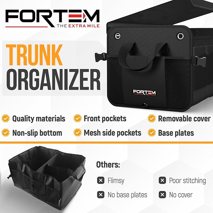 FORTEM Trunk Organizer with Cooler For SUV Car Organizer and Storage, Collapsible Multi-Compartment, Perfect Christmas Gifts For Men, Women, 1680D Oxford, Non Slip Bottom, Straps, Soft Cover 110L