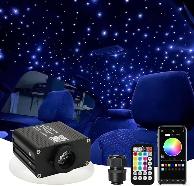 Upgraded AMKI 16W RGBW Fiber Optic Lights Kit Twinkle + Music Mode 200pcs Cables APP Remote Sound Control Car Home Starlight Headliner Ceiling Light Kit 0.75mm/0.03in 6.5ft/2m Optical Fiber Strands