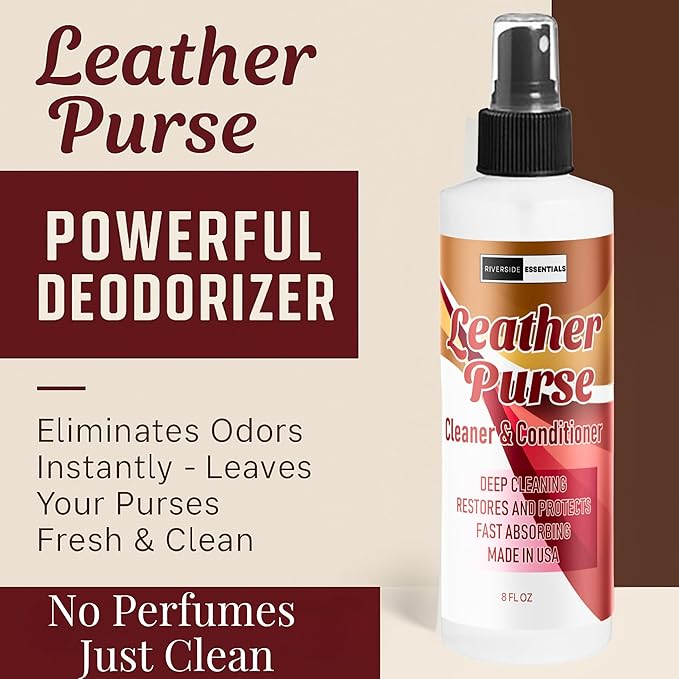 8oz Leather Purse Cleaner & Conditioner – 3-in-1 Spray for Handbags, Designer Bags & Luxury Purses – Deodorizes, Cleans, Conditions & Restores Leather – Safe on Finishes