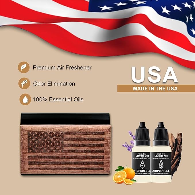 AirPurelle Car Air Freshener with Metal Clip Wood Air Freshener, 100+ Days Long Lasting Woody Citrus Scent, Includes 2x 10ML Refills, 0.68 FL OZ, Made in USA, Car Auto Accessories