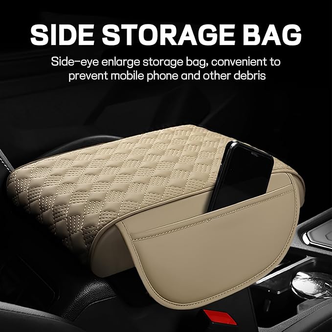 Car Armrest Cushion, 12.2"×8.3" Leather Auto Memory Foam Center Console Pad with Storage Pocket, Waterproof & Anti-Scratch Elbow Pillow Armrest Seat Box Protector, Universal Fit (Beige)