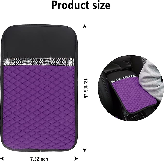 Bling Leather Car Armrest Box Cover,Car Center Console Protector with Colorful Crystal Rhinestones,Anti-Scratch Waterproof Car Armrest Seat Pad for Most Car,SUVs,Trucks (Purple)