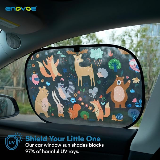 Enovoe 2 Pack Animals Cartoon Car Window Sun Shades for Kids - 21x14 Inches - Baby Sun Shades - Glare and UV Rays Protection Car Window Shades, Suitable for SUVs, Minivans and Full Size Cars
