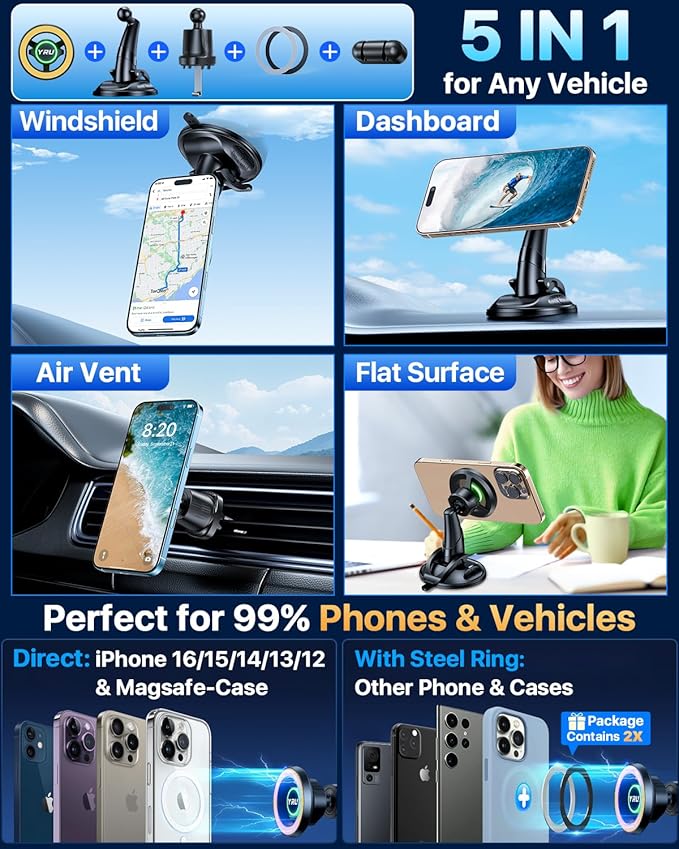 YRU [Truely Upgrade & Patent] Car Phone Holder for Magsafe [98+LBS Strongest Suction & Enhanced Magnetic] Dashboard Car Mount Windshield Vent Phone Stand for iPhone 17/16/15/14/13/12 Pro Max (Golden)