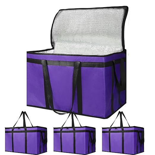 Bodaon 4-Pack Cooler Insulated Food Delivery Bag, Rideshare Delivery Bag, XXX-Large Thermal Bags for Catering/Hot Pizza, Travel/Camping/Picnic/Grocery Reusable Warmer Frozen, Purple-Black Edge