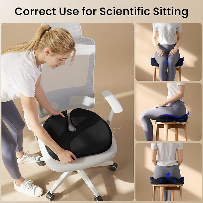 Seat Cushions for Office Chairs, Car Seat - Patented Coccyx Cushion for Tailbone Pain - Memory Foam Butt Cushion for Pressure Relief - Carry Handle & Non Slip Bottom (Black)