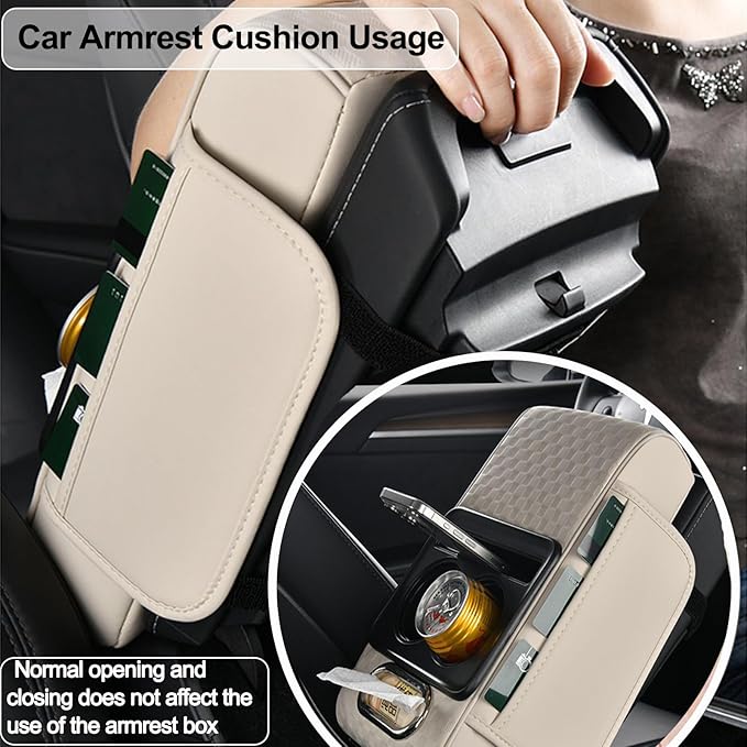 Center Console Cover,Car Armrest Cushion Multifunctional with 2 Storage Bags Cup Holder,Phone Slot,Tissue Box Slot for Most Cars Accessories Interior Organizers-Brown 13.8x7.9 in