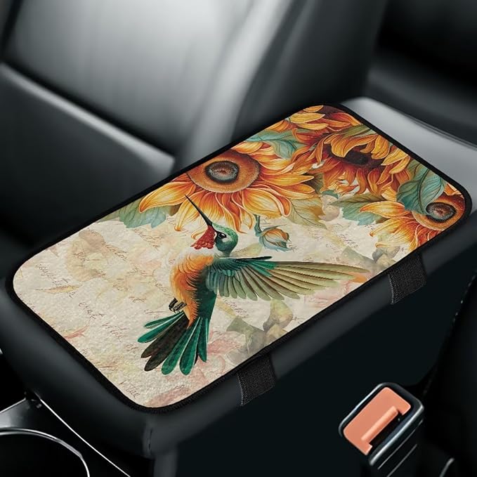 Sunflower Hummingbird Middle Console Covers Non-Slip Flannel Armrest Cover for Car Easy Install Arm Rest Lid Protector Cushion Fit for Cars Truck SUV or Vans