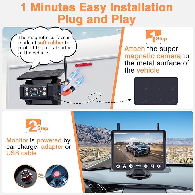 Wireless Backup Camera Magnetic for Truck: 1 Minute Easy Install HD 1080P Rear View Camera Solar - Portable Rechargeable 5 Inch Monitor System for Car Truck SUV RV Trailer Camper Y02