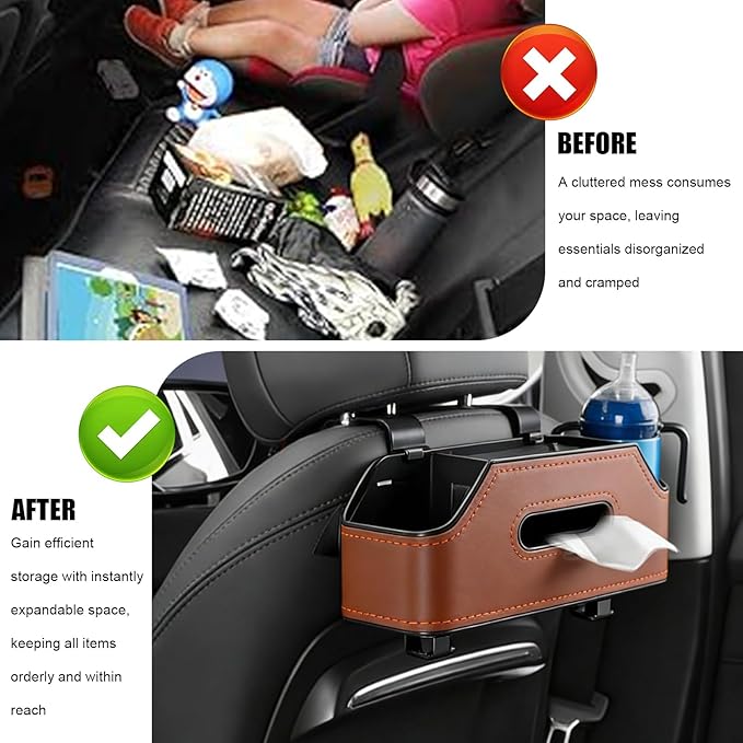 Sporacingrts 2 Pack Brown Car Seat Back Organizer with Cup Holders, Tissue Box, Hooks, Phone Slot, PU Leather Storage Box for Backseat, Universal Fit for Cars SUVs Trucks