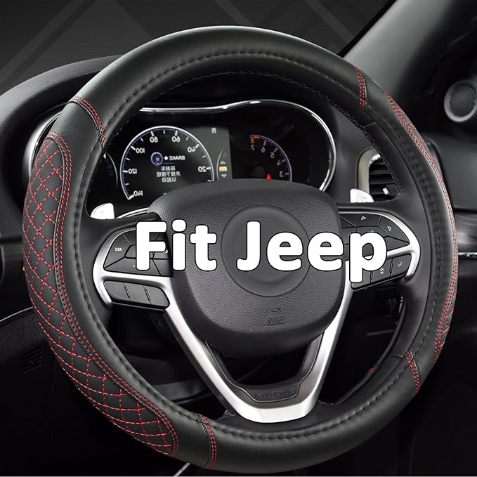 West Llama Customized Auto Car Steering Wheel Cover for Jeep Grand Cherokee,Wrangler,Compass,Gladiator,Cherokee 14.5-15 inches(Diamond Quilted-Black+Red-Standard Size)