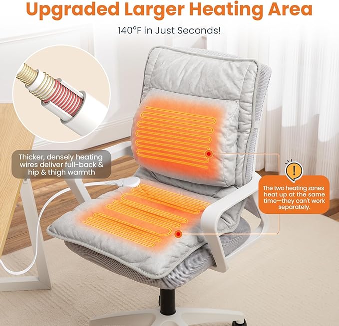 Heated Seat Cushion for Office Chair with Lumbar Support, Extra Large Heated Chair Pad for Pain Relief, Auto Shut Off, 3 Heating Levels, Chair Warmer for Full Back, Waist, Hip, Thigh, Home Use, Grey
