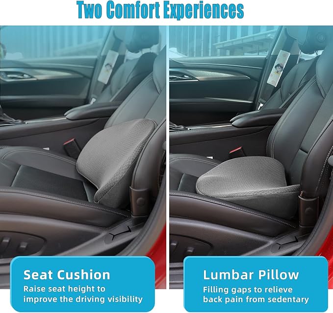 Car Seat Cushion for Driving - Comfort Memory Foam for Car Driver Seat- Back Support & Pain Relief - Car Travel Accessories for Long Trips (Gray)