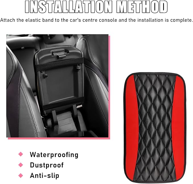 Car Center Console Cushion Pad, PU Leather Waterproof Auto Armrest Box Cover Protector, Comfortable Armrest Seat Box Cover Mat, Universal Car Accessories for SUV Truck (Red)