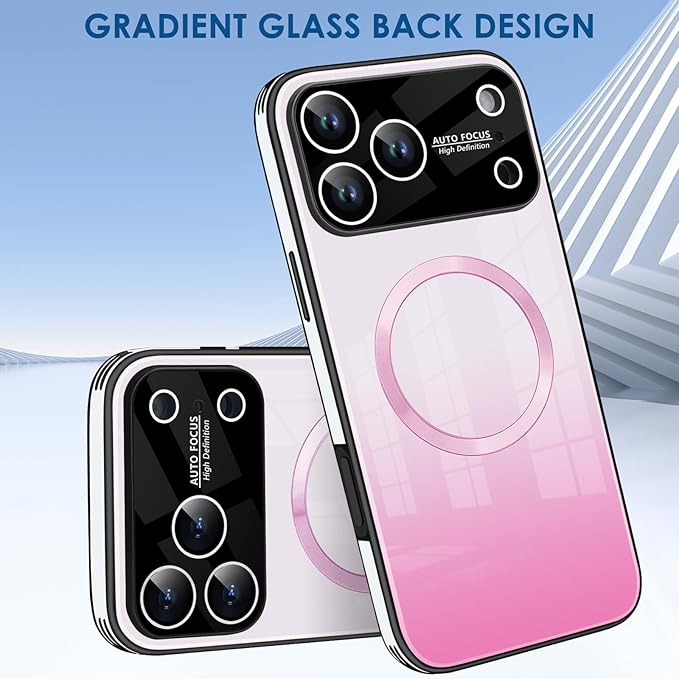 Guppy Compatible with iPhone 17 Pro Max Magnetic Case, with Full Camera Lens Protector [Compatible with MagSafe] Scratch Resistant Gradient Glass Back Cover Phone Case-Pink