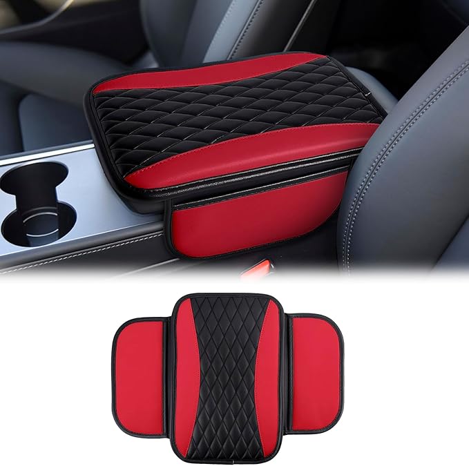 Leather Car Center Console Cover,Upgraded Center Console Cushion Pad with Side Pockets,Patchwork Arm Rest Cover for Car,Waterproof Armrest Seat Box Covers,Universal for Most Vehicles (Red)