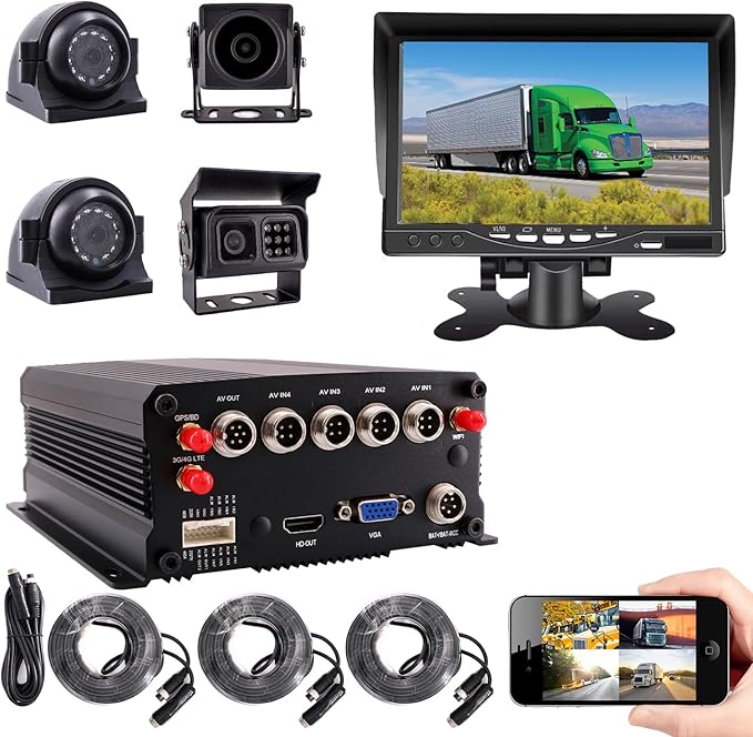 JOINLGO 4 Channel 256GB 1080P AHD HD Mobile Vehicle Car DVR Black Box Video Recorder Kit with 4pcs Waterproof Side Rear View Backup Night Vision Metal IR 2.0MP Car Camera 7" HD Car Monitor