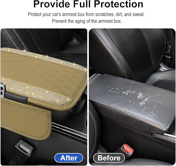 NBTEPEM Bling Beige Car Center Console Cover, Leather Car Arm Rest Cover with 2 Storage Bags, Universal Auto Armrest Protector Storage Box, Bling Accessories Interior for Most Vehicles