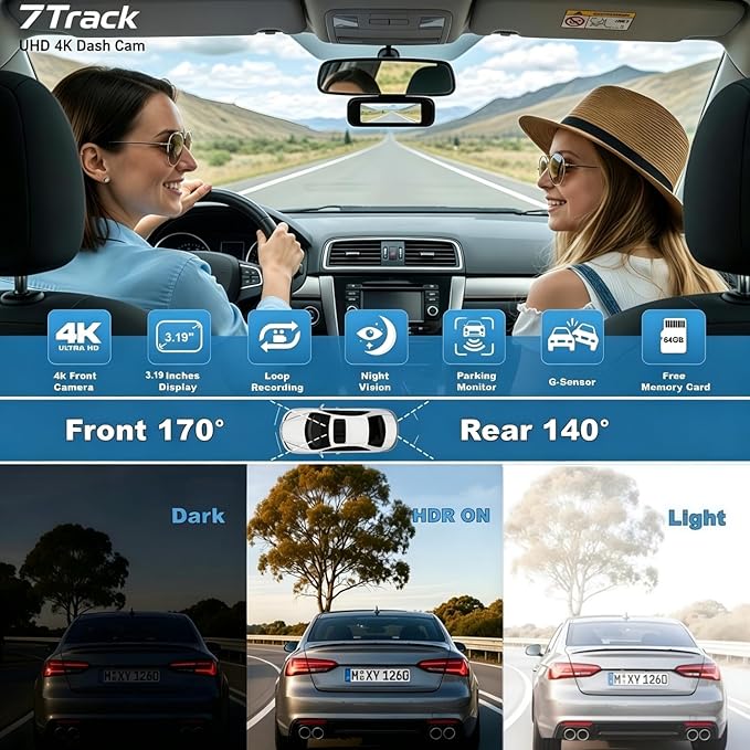 Dash Cam Front and Rear, 4K+1080P Dash Camera for Cars, 7Track Dual Car Camera with WiFi/APP Control, 64GB Card, 3.19" IPS Screen, WiFi, HDR, Night Vision, Parking Mode, Loop Recording