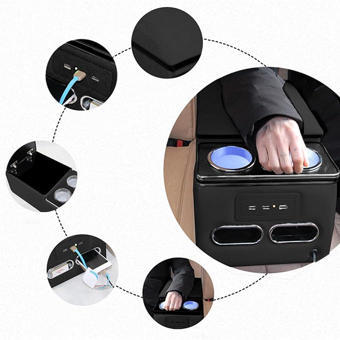 Sporacingrts Center Console Armrest Organizer with LED Light, USB Port, Cup Holders, Armrest, Padded Top Lid - Ideal for Business Upgrade Center Console Organizerand