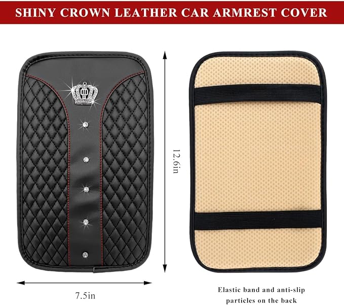 Bling Leather Car Center Console Cover, Anti-Slip Crown Armrest Seat Box Cushion Pad with Rhinestones, Waterproof Crystal Arm Rest Protector Interior Decor for Most Vehicles (Black)