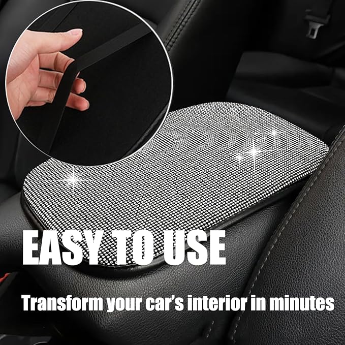 11.9''×8.4'' Bling Car Center Console Cover, Crystal Diamond Arm Rest Cover for Car, Soft Elbow Pillow Automotive Armrest Seat Box Cover, Arm Rest Protective Cushion Pad for Women Men (White)