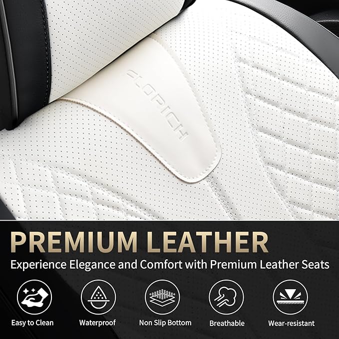 FLORICH Seat Covers Full Set Luxury Faux Leather Front and Rear Car Seat Cover Waterproof Automotive Seat Covers 5 Seats Car Seat Protector Universal Fit for Most Cars SUV Trucks, Black&White