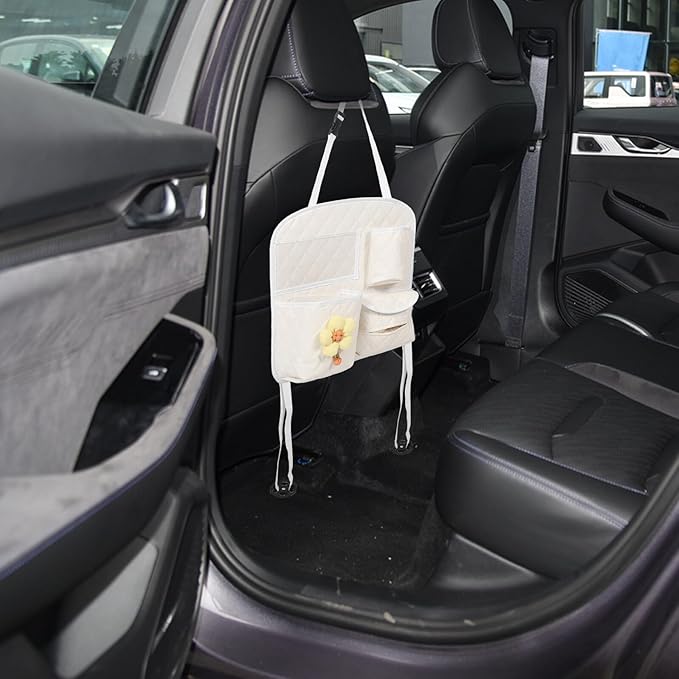 Car Seat Back Storage Organizer Bag, Multifunctional Leather Backseat Car Organizer with Hanging Pockets, Beige Quilted Design for Suv and Family Travel Interior