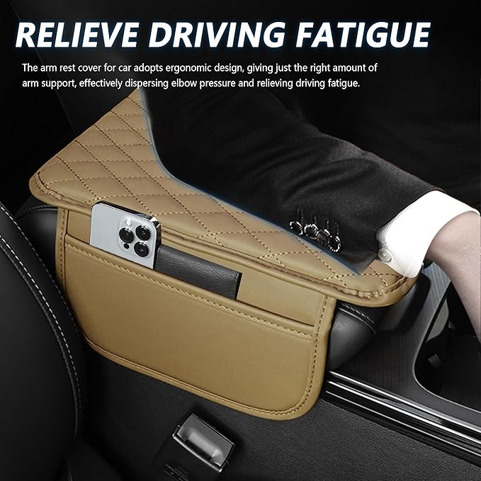 Upgraded Car Center Console Cover,Microfiber Leather Car Armrest Cover Cushion with 2 Storage Bags,Universal Cars Armrest Storage Box Cars Interior Accessories for Most Vehicles (Beige)