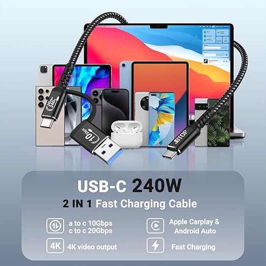 20Gbps USB c Cable for Android auto [6.6ft 2Pack],2-in-1 USB 3.1 CarPlay Cable Fast Charge & Data Transfer, Compatible with iPhone 16 15 Pro Max, Galaxy S23 S22 Ultra Note 20, SSD
