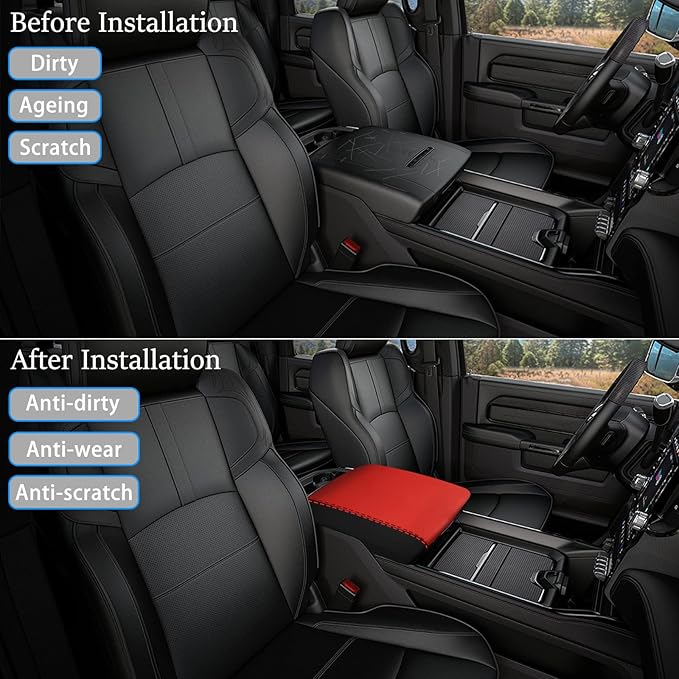Center Console Cover Anti-Scratch Waterproof Leather Armrest Pad Protector Cushion for Dodge RAM 1500 2500 3500 2019 2020 2021 2022 2023 Interior Accessories(Red with Black)