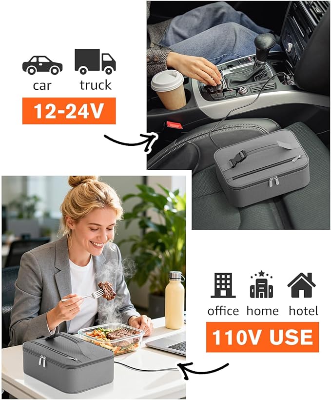 Portable Food Warmer - Heated Lunch Box for Adluts - Electric Thermal Lunch Bag with Buckle Handle, Heating Food Warmer Bags for 12V/24V Car & Truck, 110V/220V Home/Office, Gray