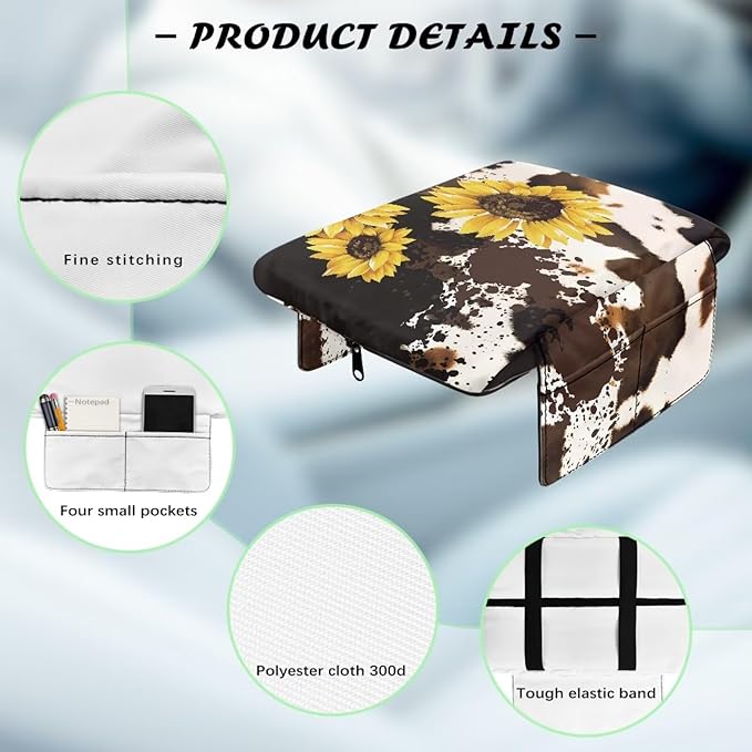 Dreaweet Brown Cow Print Center Console Cover Pad Cute Sunflower Car Accessories for Women Arm Rest Cover with Pockets for Car SUV Truck Non Slip Scratch Proof Thick Car Armrest Cushion