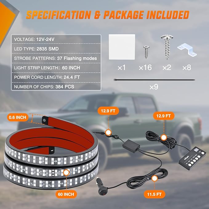 Nilight 60 Inch Emergency Strobe Light Strips with Controller, 384LED Flashing Warning Hazard Safety Rear Window Tailgate Lights for Truck Trailer Construction Plow Pickup Tow SUV Vehicles, Red Blue