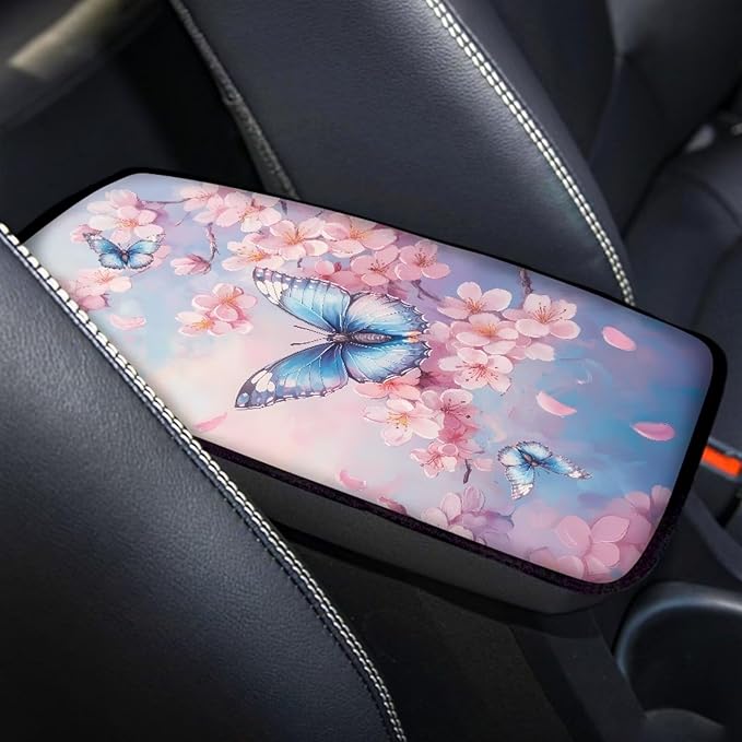 UNICEU Pink Flower Butterfly Car Center Console Armrest Cover for Women Cherry Blossom Auto Interior Decor Neoprene Armrest Box Protector Cover Pad, Scratch Proof Non Slip Automotive Armrest Pads