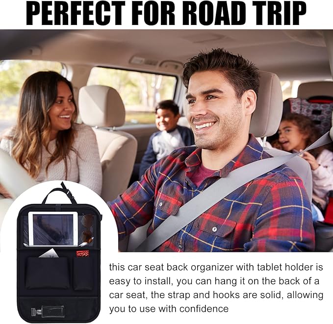 2 Pcs Backseat Car Organizers with Table Tray, 6 Storage Pockets Car Organizer with Tablet Holder, Kick Mats Protectors for Kids Travel Accessories Black, Unisex(Classic,Black)