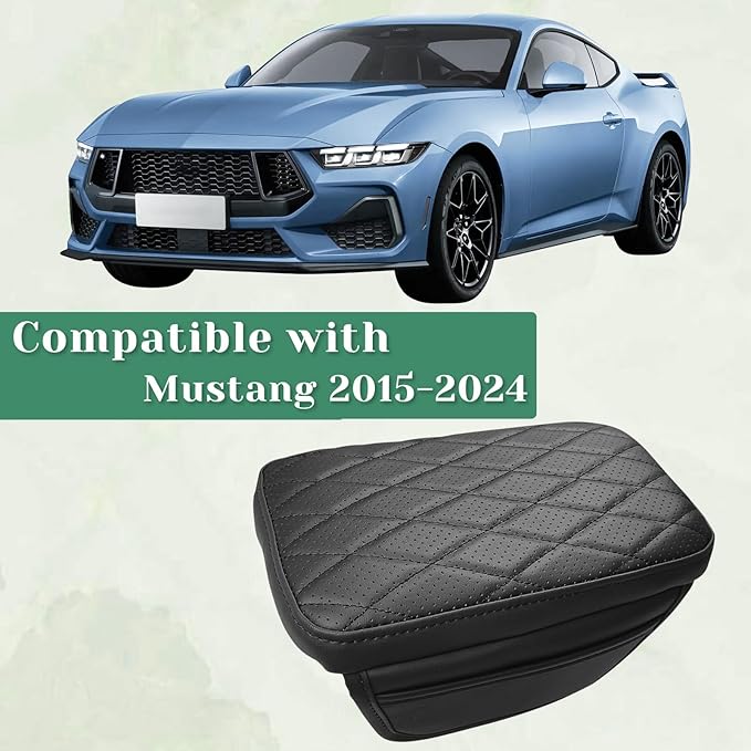 Center Console Armrest Cover Compatible with Ford Mustang 2015-2024 Leather Middle Console Arm Rest Box Protector Cushion Padding with Side Pockets Anti-Scratch Black