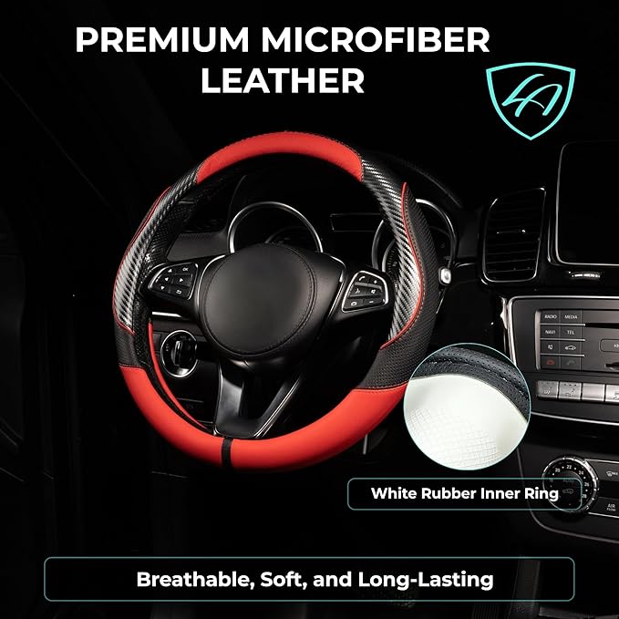 Lord Autofashion Steering Wheel Cover – PU Leather, Non-Slip Rubber Inner, All-Season Comfort – 14.5–15 Inch (Black/Red 7685)