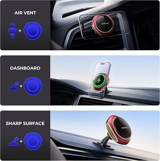 JOYMASS for MagSafe Car Mount Charger, 15W Zinc Alloy Fast Charging Magnetic Wireless Car Charger Phone Holders for Your Car Fits for iPhone 15 Pro Max Plus 14 13 12 Mini MagSafe Case - Red