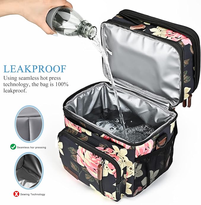 MIYCOO Lunch Bag & Lunch Box for Women Men, Double Deck Leakproof Insulated Soft Large Adult Camping Cooler bag for Work, Beach, Picnic, Travel (Flower, 15L)