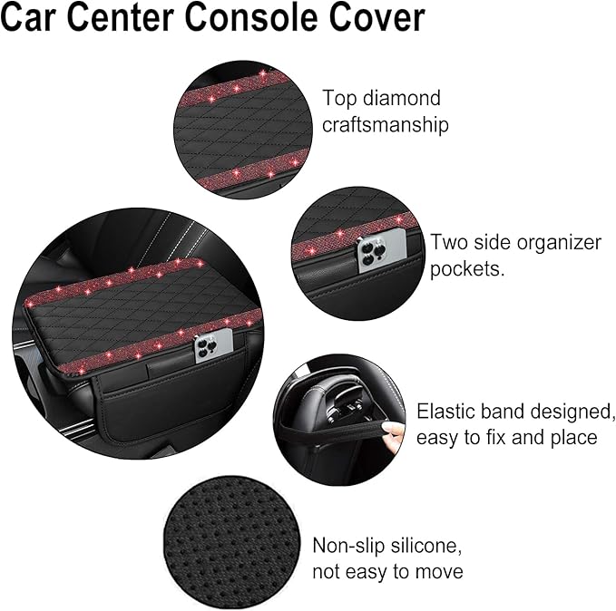 NBTEPEM Bling Car Center Console Cover, Leather Car Arm Rest Cover Cushion with 2 Storage Bags, Universal Automotive Armrest Protector Storage Box, Bling Accessories Interior for Most Vehicles (Red)