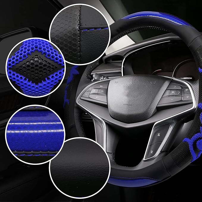 Sport Style Black Leather Steering Wheel Cover with Blue Lucky-Cloud-Design Grip Steering Wheel Accessory,Universal Fit 14.5-15.25 inch Steering Wheel