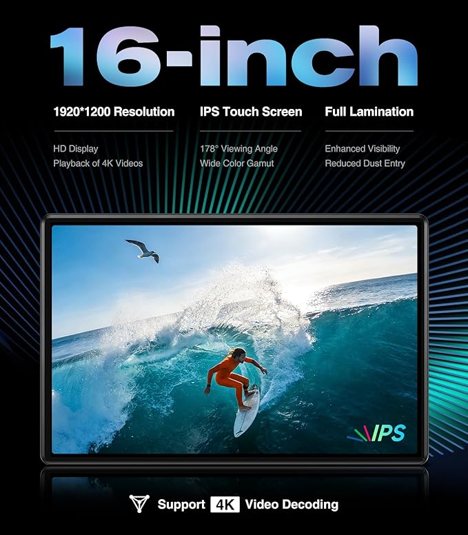 16 inch Android 13 Car Headrest Monitor Screen Car TV Entertainment System for Cars Backseat,Support Phone Wireless Mirroring Sync Screen WiFi HDMI Bluetooth USB SD Video Player 4G+64G (16" 4+64 1pcs)