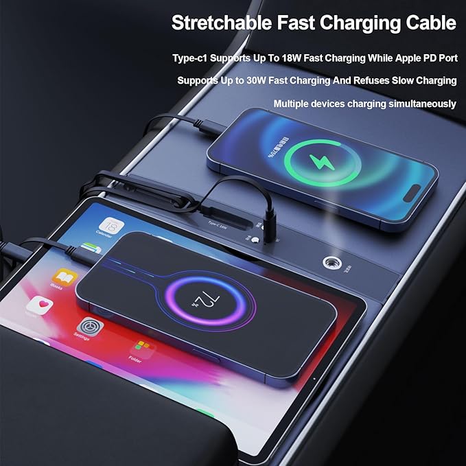 Car USB Hub with Smart Aromatic System Hub Charger for Tesla Model 3 2021-2023 / Model Y 2021-2025 Multifunctional Tesla Accessories with Retractable Fast Charging line