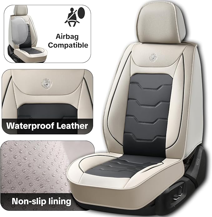 Gray Car Seat Covers Complete Set, Universal Car Seat Covers for Cars, Premium Waterproof Leather, Protect & Upgrade Car Interiors, Airbag Compatible, Easy to Install & Clean Up