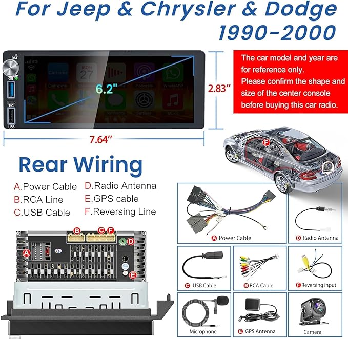 4G+64G Android 13 Car Radio for Dodge & Chrysler & Jeep (1990-2000), 6.2''Touch Screen Stereo with Wireless CarPlay, Android Auto, GPS Navigation, Bluetooth5.2