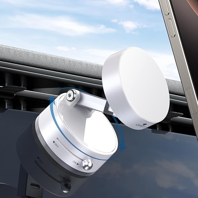 OOCC Vacuum Magnetic Phone Holders for Your Car, 360°Rotating Adjustable Magsafe Car Phone Mount, Foldable Magnetic Car Phone Holder for All Smartphones & All Car Models, White